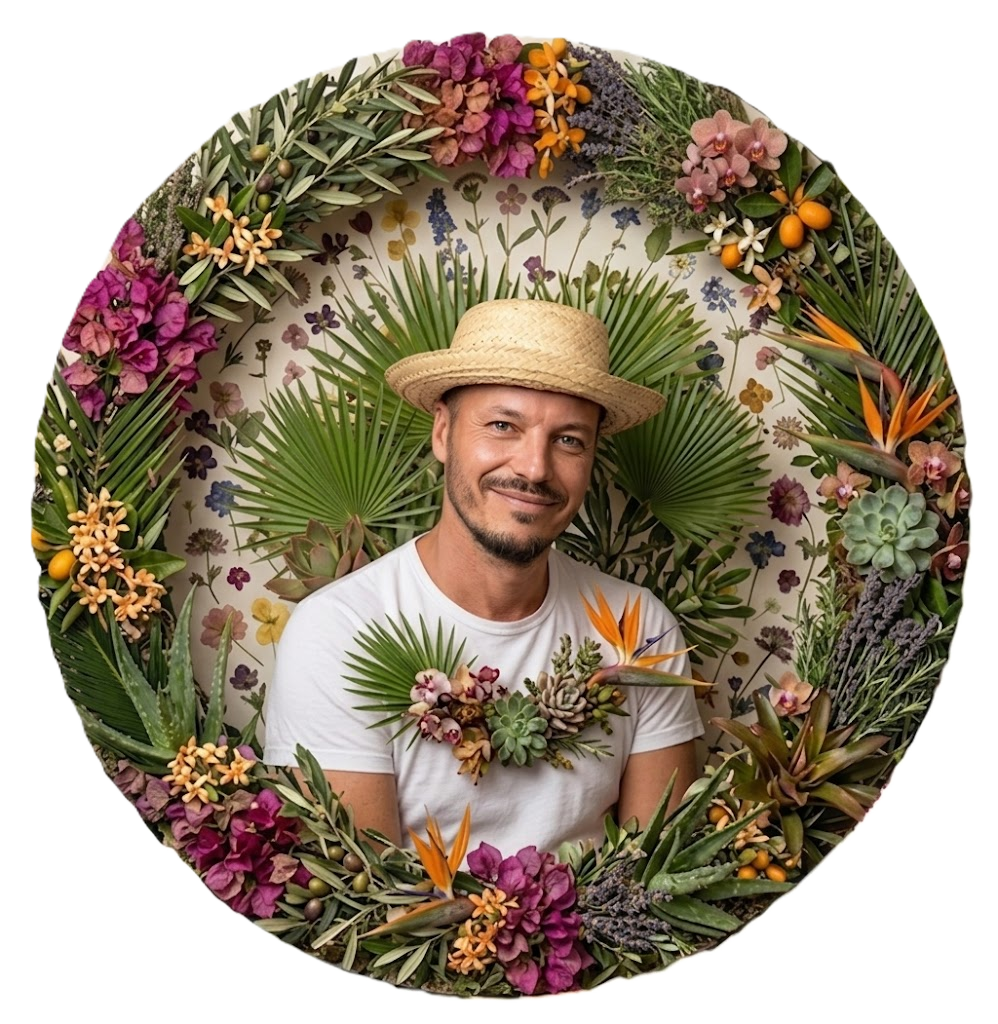 Portrait von Matthias Helbig mit Blumen und exotischen Pflanzen im Hintergrund