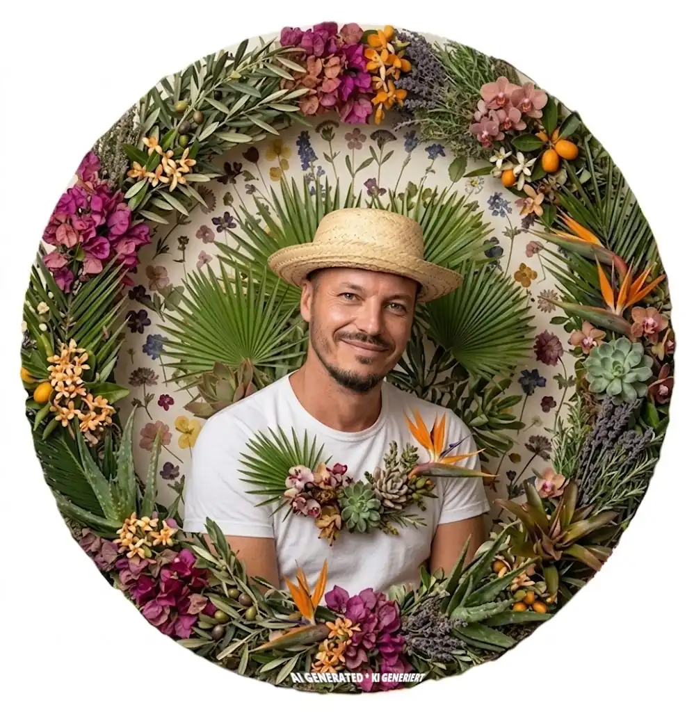 Portrait von Matthias Helbig mit Blumen und exotischen Pflanzen im Hintergrund