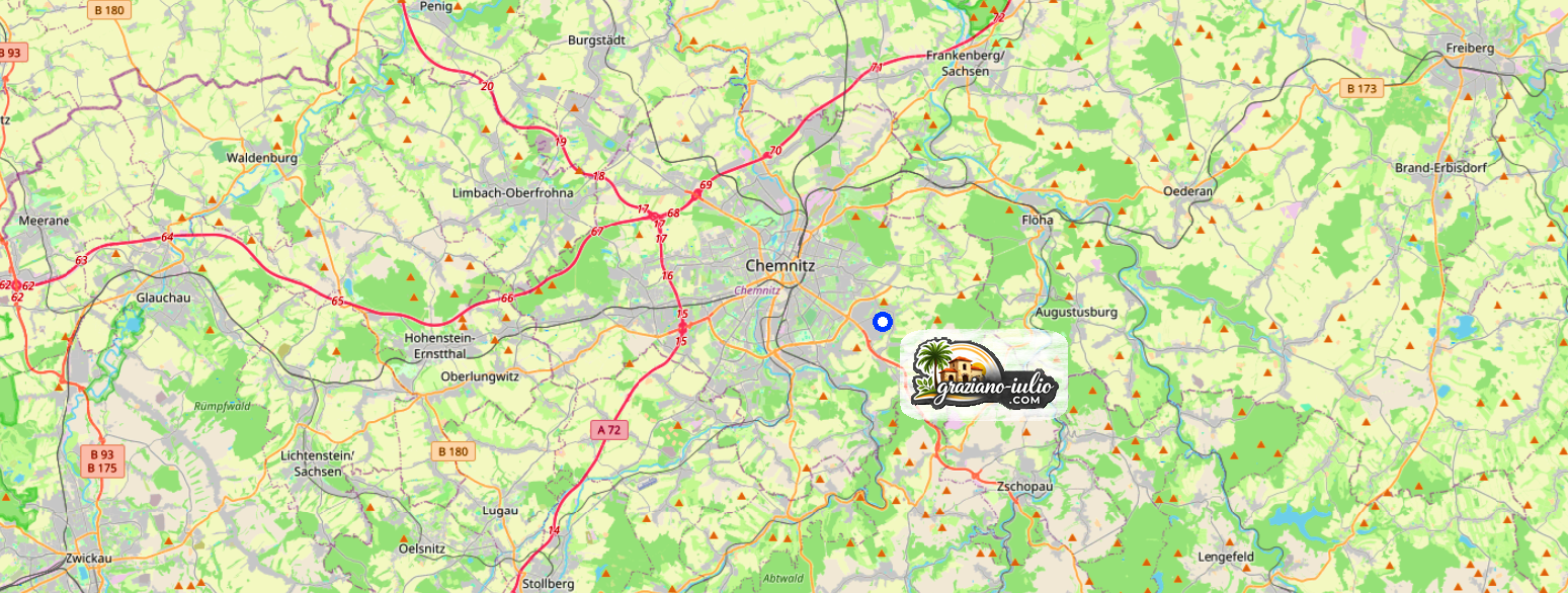 Das Bild zeigt eine topographische Karte von Chemnitz und Umgebung. Der Standort des Unternehmens wird durch einen blauen Punkt marfkiert.